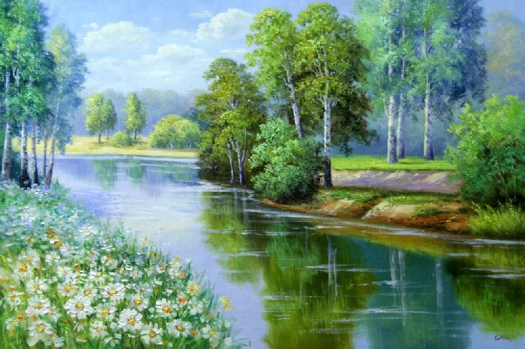 Картина маслом "Ромашки у реки" Цена: 17800 руб. Размер: 90 x 60 см.