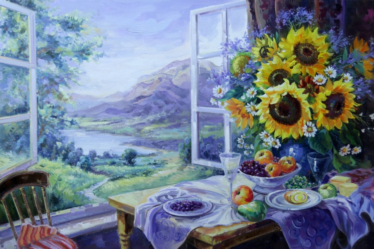 Картина маслом "Подсолнухи на окне" Цена: 21800 руб. Размер: 90 x 60 см.