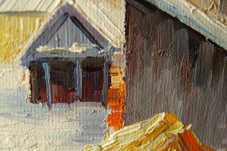 Картина "Деревенская зима" Цена: 5600 руб. Размер: 25 x 20 см. Увеличенный фрагмент.