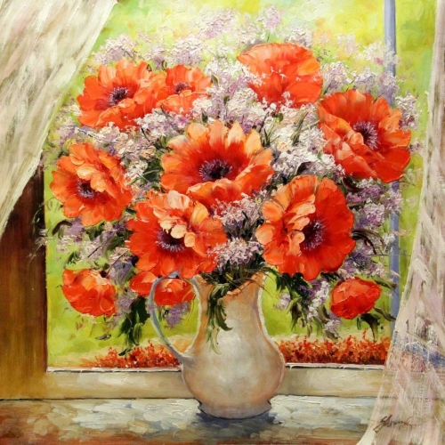 Картина "Красный букет на окне" Цена: 15400 руб. Размер: 75 x 75 см.