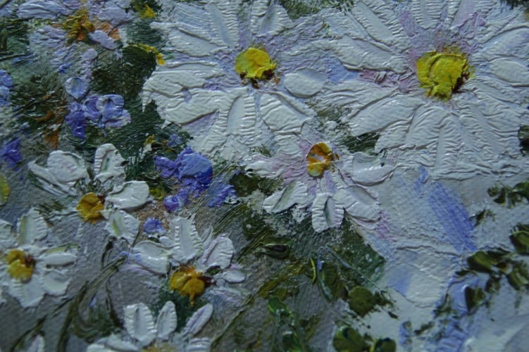 Картина "Нежные ромашки" Цена: 6500 руб. Размер: 50 x 40 см. Увеличенный фрагмент.