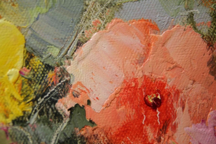 Картина "Огненные цветы" Цена: 8200 руб. Размер: 60 x 50 см. Увеличенный фрагмент.