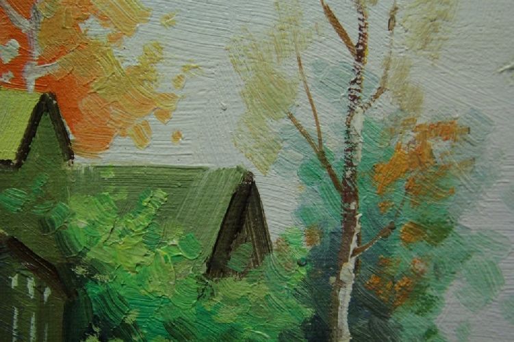Картина "Осень в селе" Цена: 5600 руб. Размер: 25 x 20 см. Увеличенный фрагмент.