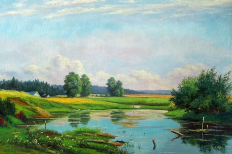 Картина "Пейзаж с озером" Цена: 13200 руб. Размер: 90 x 60 см.