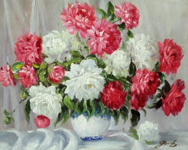 Картина "Пионы в белом горшке" Цена: 7400 руб. Размер: 50 x 40 см.