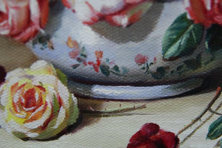 Картина "Розы в тонкой вазе" Цена: 6300 руб. Размер: 25 x 20 см. Увеличенный фрагмент.