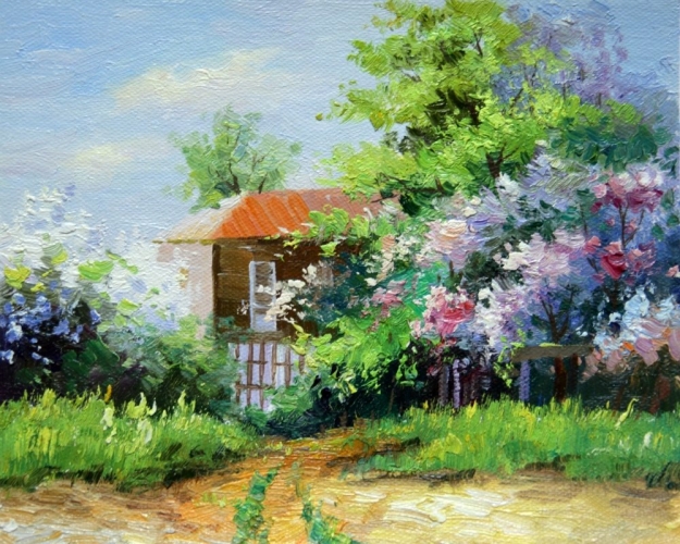 Картина "Сирень у дома" Цена: 5600 руб. Размер: 25 x 20 см.