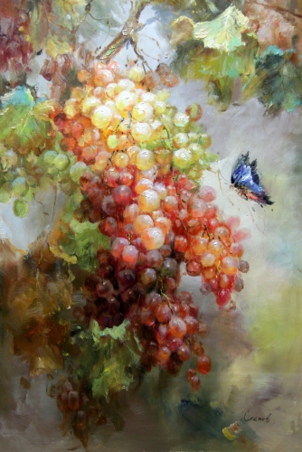Картина маслом "Виноград и бабочка" Цена: 14900 руб. Размер: 60 x 90 см.