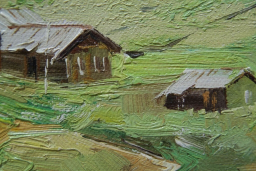 Картина "Летний пейзаж с рекой" Цена: 4500 руб. Размер: 25 x 20 см. Увеличенный фрагмент.