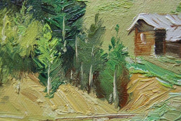 Картина "Летний пейзаж с рекой" Цена: 5100 руб. Размер: 25 x 20 см. Увеличенный фрагмент.