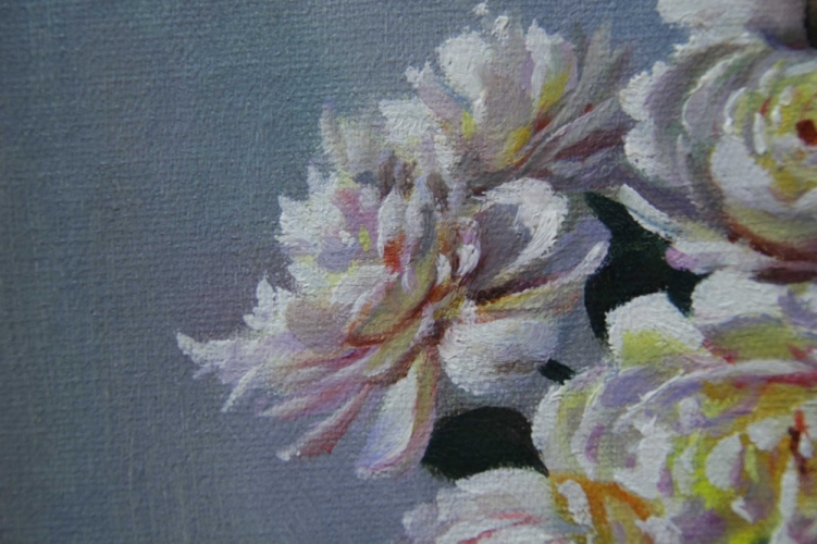 Картина "Бело-розовые пионы" Цена: 6200 руб. Размер: 25 x 20 см. Увеличенный фрагмент.