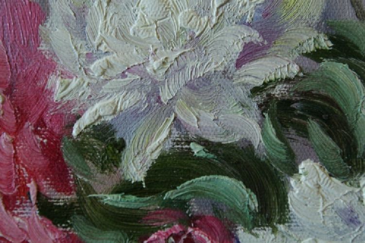 Картина "Белые и розовые пионы" Цена: 8500 руб. Размер: 60 x 50 см. Увеличенный фрагмент.