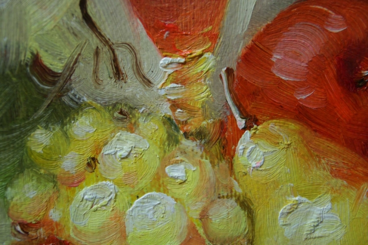 Картина "Бокал и фрукты" Цена: 3800 руб. Размер: 20 x 25 см. Увеличенный фрагмент.