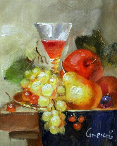 Картина "Бокал и фрукты" Цена: 3800 руб. Размер: 20 x 25 см.