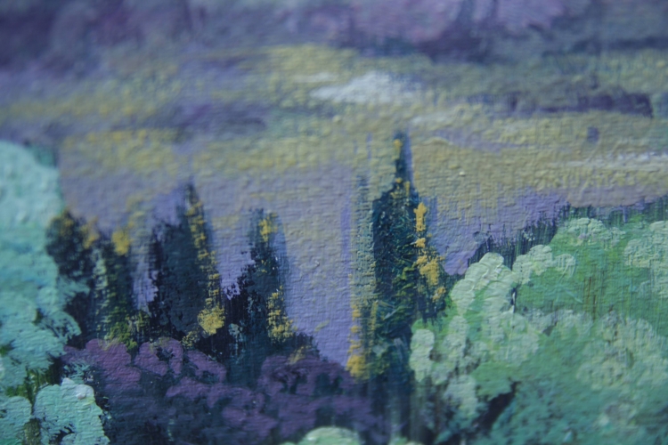 Картина "Цветы на фоне озера" Цена: 17500 руб. Размер: 90 x 60 см. Увеличенный фрагмент.