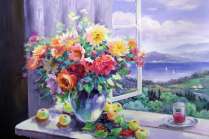Картина "Цветы на фоне озера"
