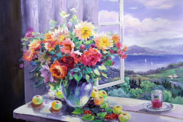 Картина "Цветы на фоне озера" Цена: 17500 руб. Размер: 90 x 60 см.