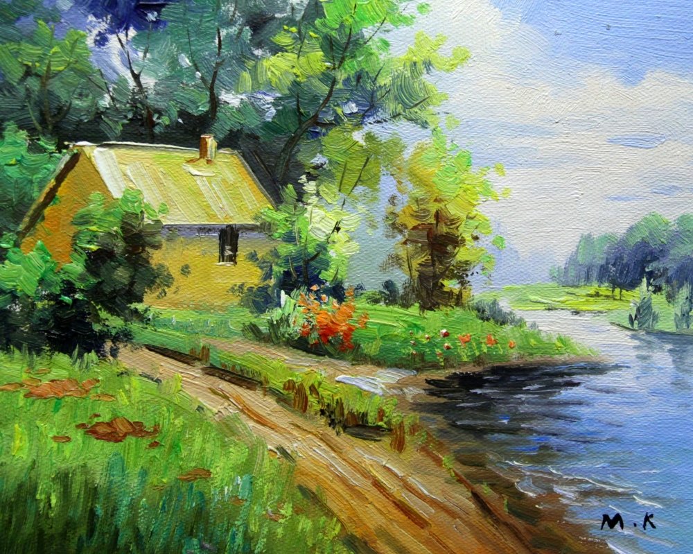 картина дом у реки