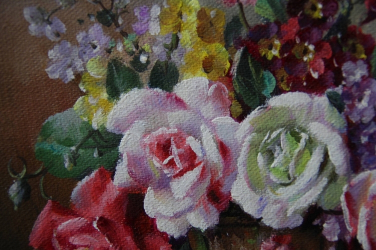 Картина маслом "Классический натюрморт с розами" Цена: 6500 руб. Размер: 20 x 25 см. Увеличенный фрагмент.