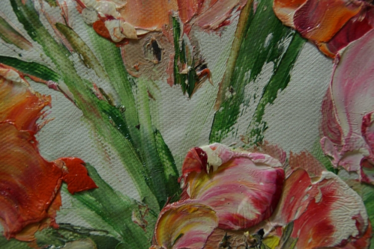 Картина маслом "Красные тюльпаны" Цена: 9000 руб. Размер: 60 x 50 см. Увеличенный фрагмент.