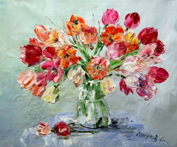 Картина маслом "Красные тюльпаны" Цена: 9000 руб. Размер: 60 x 50 см.