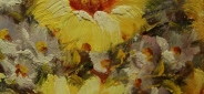 Картина "Подсолнухи в светлой вазе" Цена: 5800 руб. Размер: 40 x 50 см. Увеличенный фрагмент.