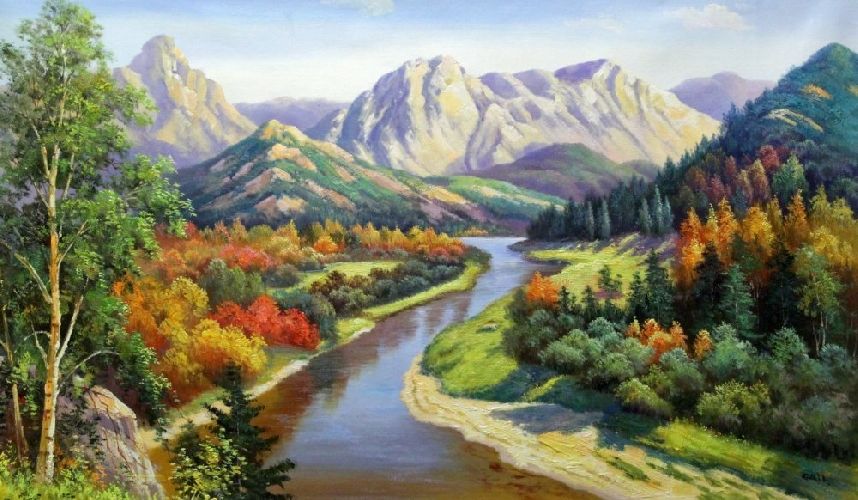 Картина "Река и горы" Цена: 16800 руб. Размер: 120 x 70 см.