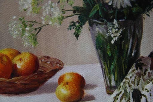 Картина маслом "Ромашки и фрукты" Цена: 6500 руб. Размер: 25 x 20 см. Увеличенный фрагмент.