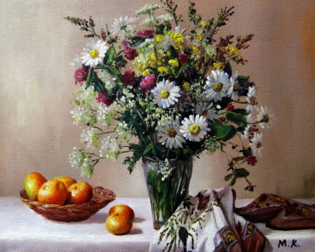 Картина маслом "Ромашки и фрукты" Цена: 6500 руб. Размер: 25 x 20 см.