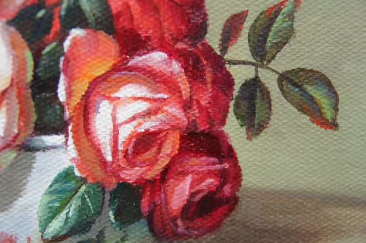 Картина "Розы в тонкой вазе" Цена: 5500 руб. Размер: 25 x 20 см. Увеличенный фрагмент.