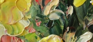 Картина маслом "Солнечные ирисы" Цена: 10900 руб. Размер: 60 x 50 см. Увеличенный фрагмент.