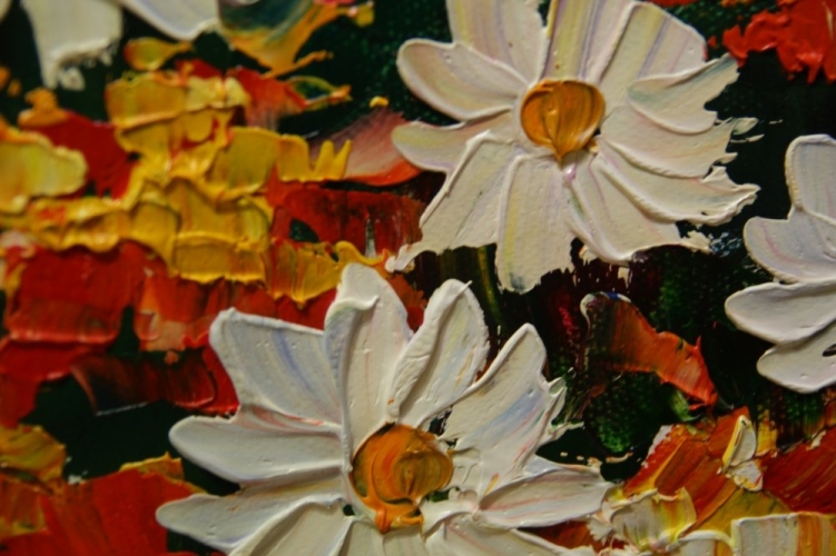 Картина "Солнечные ромашки" Цена: 7500 руб. Размер: 50 x 60 см. Увеличенный фрагмент.