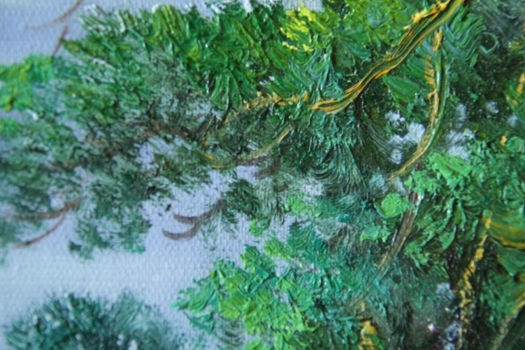Картина "Сосны у реки" Цена: 8600 руб. Размер: 70 x 50 см. Увеличенный фрагмент.