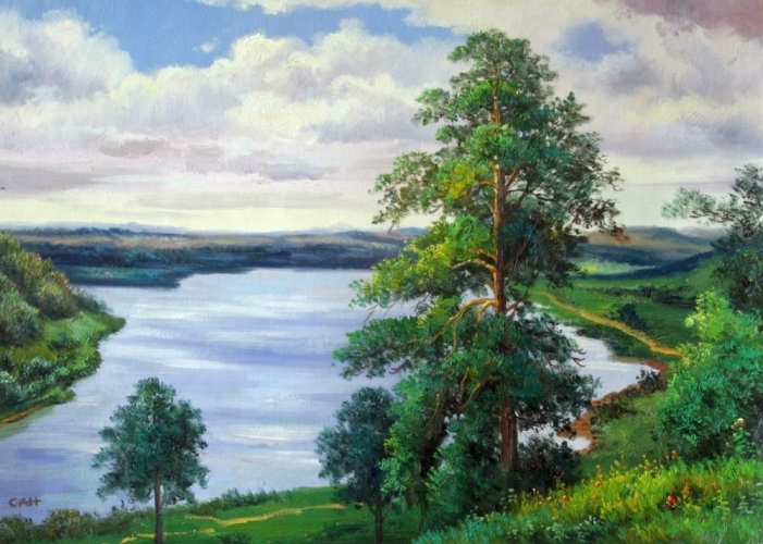 Картина "Сосны у реки" Цена: 8600 руб. Размер: 70 x 50 см.