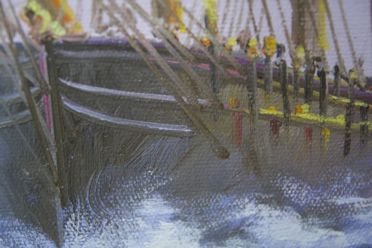 Картина маслом "Три парусника" Цена: 20100 руб. Размер: 120 x 60 см. Увеличенный фрагмент.