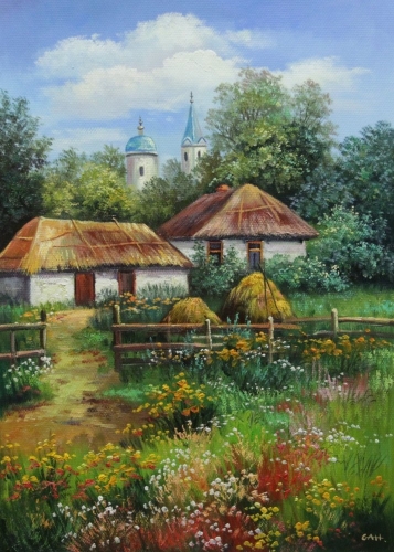 Картина "Украинский пейзаж с хатами" Цена: 9800 руб. Размер: 50 x 70 см.
