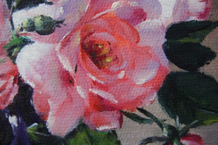 Картина "Ваза с розами" Цена: 6000 руб. Размер: 25 x 20 см. Увеличенный фрагмент.