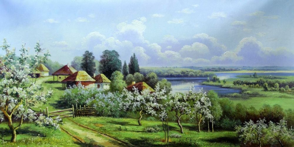 Картина "Яблони в цвету" - Сергеев Н.А. Цена: 17100 руб. Размер: 120 x 60 см.