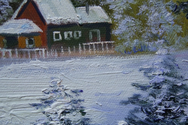 Картина "Зимняя деревня" Цена: 5500 руб. Размер: 40 x 30 см. Увеличенный фрагмент.